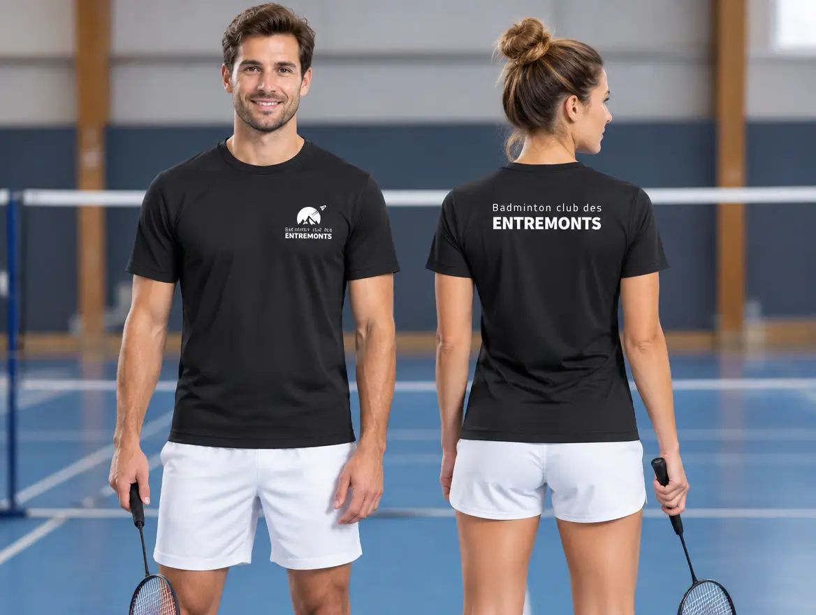 Le t-shirt noir du Badminton Club des Entremonts, présenté de face et de dos.